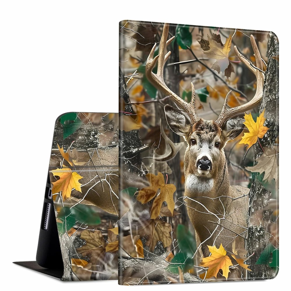 GFRGTFHYT for iPad Pro 11 Inch Case 2024 5th Generation (M4) Camouflage Tree Deer Design TPU Shockproof Protective PU Leather Slim Smart Folio Cover Shell Adjustable Stand Kickstand Auto Sleep/Wake