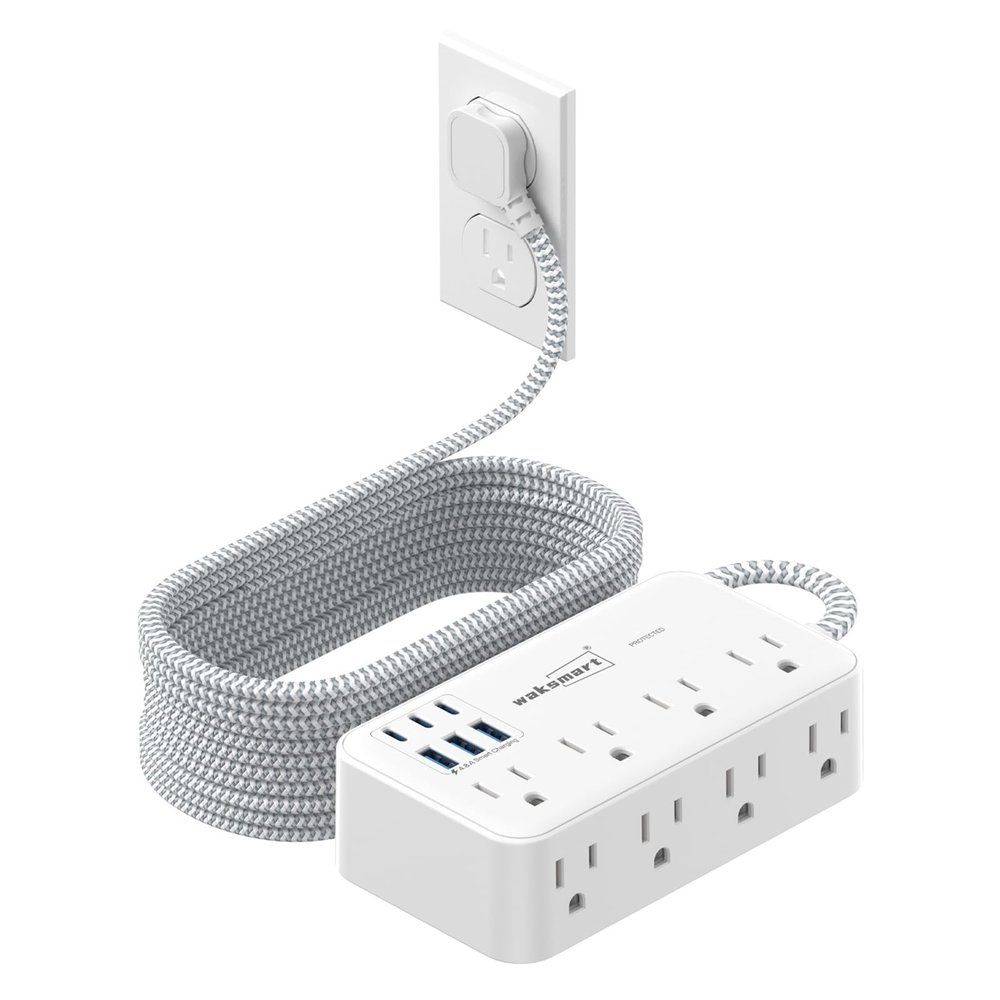 Flat Extension Cord 15 Ft, 8 AC Outlets with 6 USB Ports 4.8A/24W Charging Station for iPhone 15 Series, Waksmart Flat Plug Surge Protector (2800J), Wall Mount for Home, Office, Dorm Essentials, White