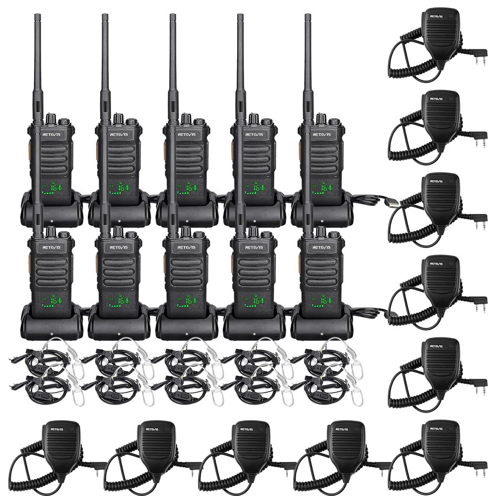 Retevis RT86 Walkie Talkies(10 Pack) Bundle with Shoulder Mic(10 Pack), High Power Two Way Radios Long Range for Adult with Earpiece, Heavy Duty 2 Way Radios Rechargeable, for Industry, Construction