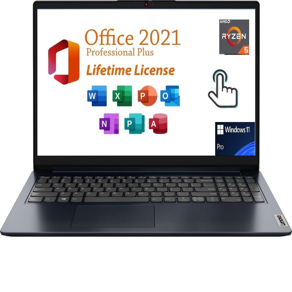 Lenovo Ideapad 1 Laptop, 15.6" FHD (1920x1080) Touch Display, with Free Lifetime Office 2021,Ryzen 5 7520U,8GB RAM,2TB SSD AMD Radeon Graphics, Type C, Windows 11 Pro, Abyss Blue