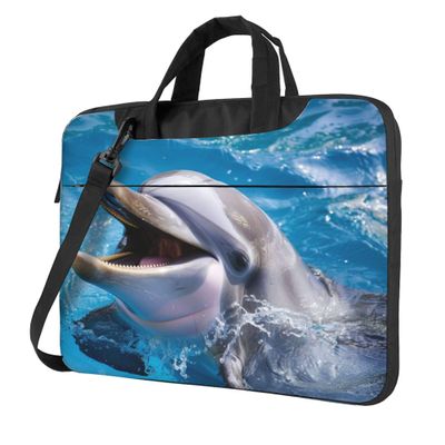 3D Dolphin Laptop Shoulder Bag for Women, Ocean Fish Animal 14 inch Laptop Sleeve Case Durable Computer Notebook Briefcase Messenger Bag with Shoulder Strap