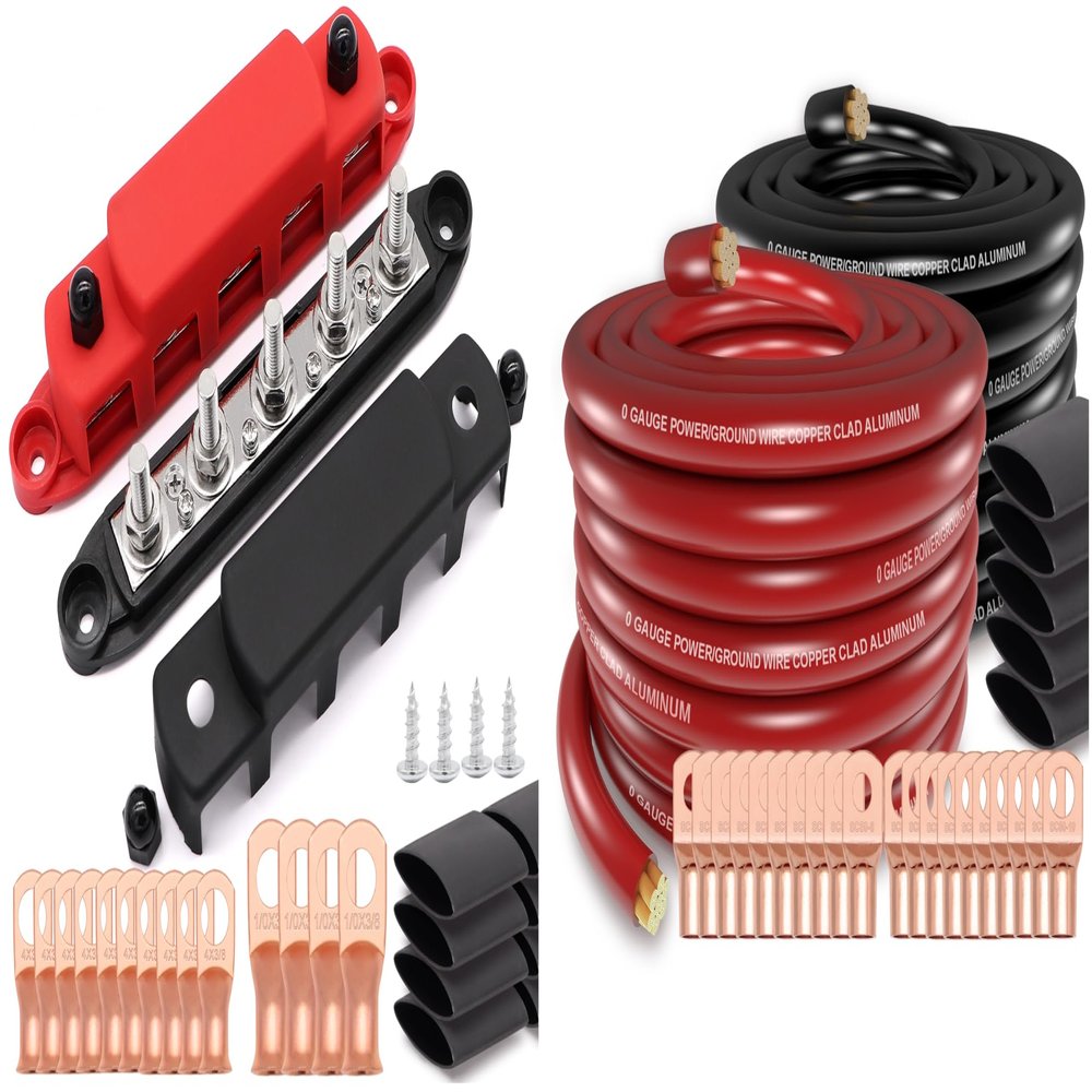 12v Bus Bar 5 Post 300A Power Distribution Block 1/0 Gauge Wire (40ft) Copper Clad Aluminum CAA Car Amplifier Power Ground Cable