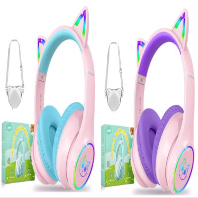 LOBKIN Kids Bluetooth Headphones,Over Ear Kids Headphones Wireless with Mic 50H Playtime Colorful LED Lights AUX Cord 94dB Safe Volume Limited Foldable Design for Boy Girl Travel/School/iPad