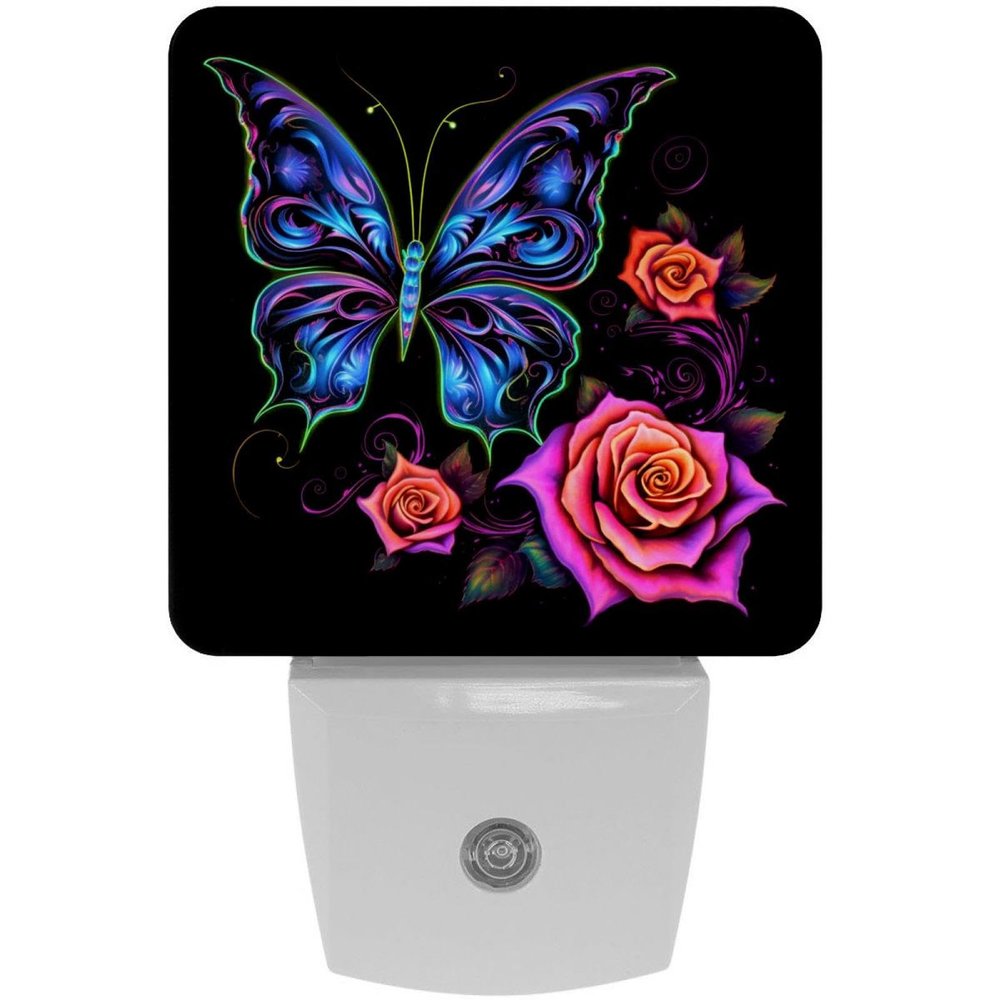 Neon Rose Butterfly Night Light Plug into Wall with Dusk to Dawn Light Sensors, Warm Nightlights for Bedroom, Bathroom, Hallway, Kitchen, Gifts Ideal for Girls Boys