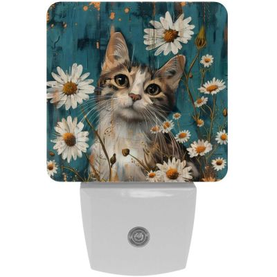 NEWzone Daisies Cat Teal Plank Night Light Plug into Wall Decor 2 Pack, Decorative Night Light for Kids, Plug in Night Lights for Bedroom Living Room, Gift for Kids Adults