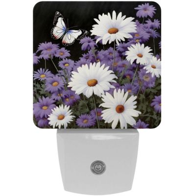 NEWzone White Purple Daisy Butterflies Night Light for Kids 2 Pack, LED Plug into Wall Lights Dusk-to-Dawn Sensor, Nursery Nightlight for Kids Room, Bathroom, Bedroom Decor
