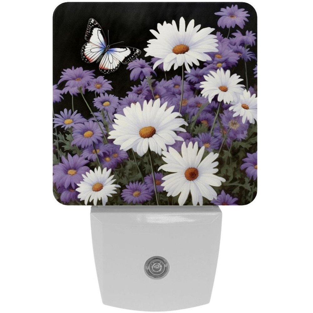 NEWzone White Purple Daisy Butterflies Night Light for Kids 2 Pack, LED Plug into Wall Lights Dusk-to-Dawn Sensor, Nursery Nightlight for Kids Room, Bathroom, Bedroom Decor