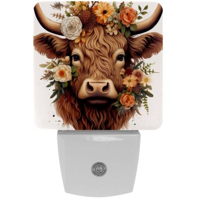 NEWzone Floral Highland Cow Night Light Plug into Wall for Girls Boys Room, Decorative Nightlights Auto Sensor Led Lights Wall Decor Gifts for Women Nightlight, 2 Pack