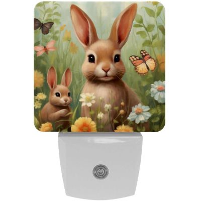 NEWzone Rabbit Mom and Baby Flowers Night Light Plug into Wall for Girls Boys Room, Decorative Nightlights Auto Sensor Led Lights Wall Decor Gifts for Women Nightlight, 2 Pack