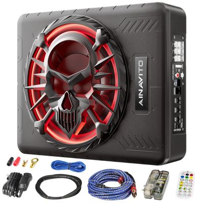 10" Slim Under Seat Subwoofers for Car/Truck/SUV | Powered subwoofer car Audio| Built-in Amplifier | Remote Control | Built-in Low Pass/Gain/Boost/Deep Bass