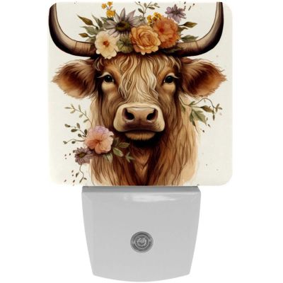 NEWzone Flower Highland Cow Night Light Plug into Wall with Dusk to Dawn Light Sensors, Warm Nightlights for Bedroom, Bathroom, Hallway, Kitchen, Gifts Ideal for Girls Boys