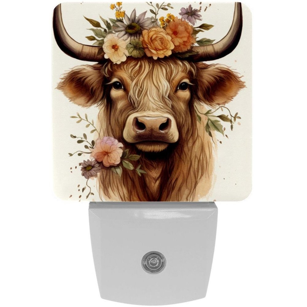 NEWzone Flower Highland Cow Night Light Plug into Wall with Dusk to Dawn Light Sensors, Warm Nightlights for Bedroom, Bathroom, Hallway, Kitchen, Gifts Ideal for Girls Boys