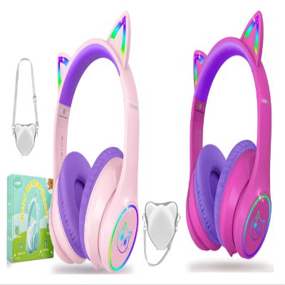 LOBKIN Kids Bluetooth Headphones,Over Ear Kids Headphones Wireless with Mic 50H Playtime Colorful LED Lights AUX Cord 94dB Safe Volume Limited Foldable Design for Boy Girl Travel/School/iPad