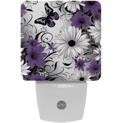 NEWzone Purple Daisy Butterflies Night Light Plug into Wall for Girls Boys Room, Decorative Nightlights Auto Sensor Led Lights Wall Decor Gifts for Women Nightlight, 2 Pack