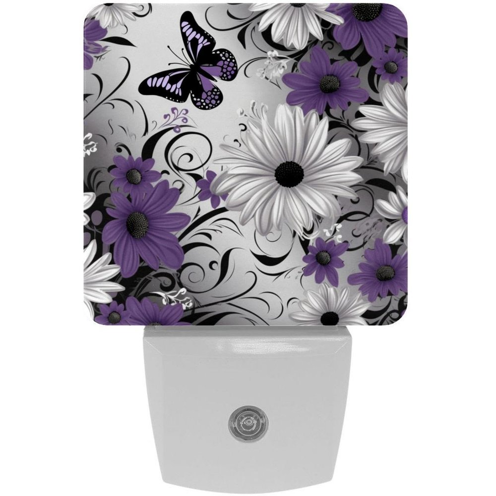NEWzone Purple Daisy Butterflies Night Light Plug into Wall for Girls Boys Room, Decorative Nightlights Auto Sensor Led Lights Wall Decor Gifts for Women Nightlight, 2 Pack