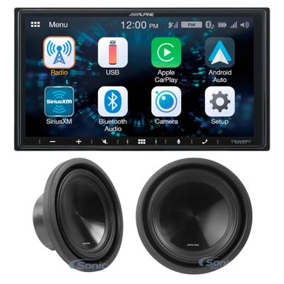 Alpine iLX-W650 7" Touchscreen Double DIN Receiver with Bluetooth, Apple CarPlay & Android Auto, & A Pair of SWT-10S4 1000W 10" Shallow Mount Subwoofer Bundle