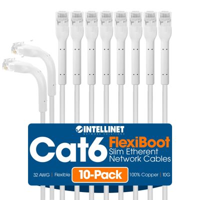 Intellinet FlexiBoot Slim Cat6 Ethernet Network Patch Cable 10-Pack - 10Gbps & 250MHz, Flexible Bendable Boot, 32AWG Pure Bare Copper Wire, Gold-Plated Contacts - 2ft, White