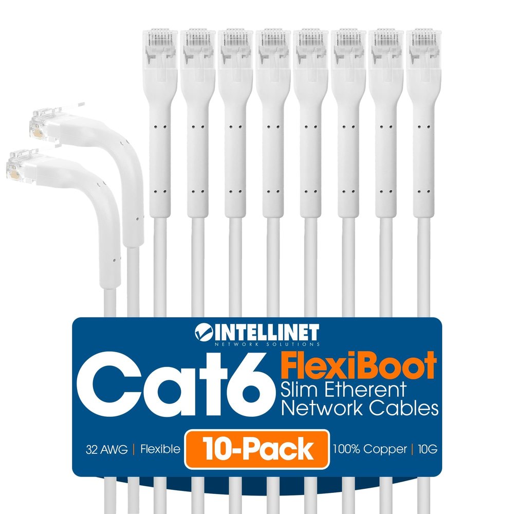 Intellinet FlexiBoot Slim Cat6 Ethernet Network Patch Cable 10-Pack - 10Gbps & 250MHz, Flexible Bendable Boot, 32AWG Pure Bare Copper Wire, Gold-Plated Contacts - 2ft, White
