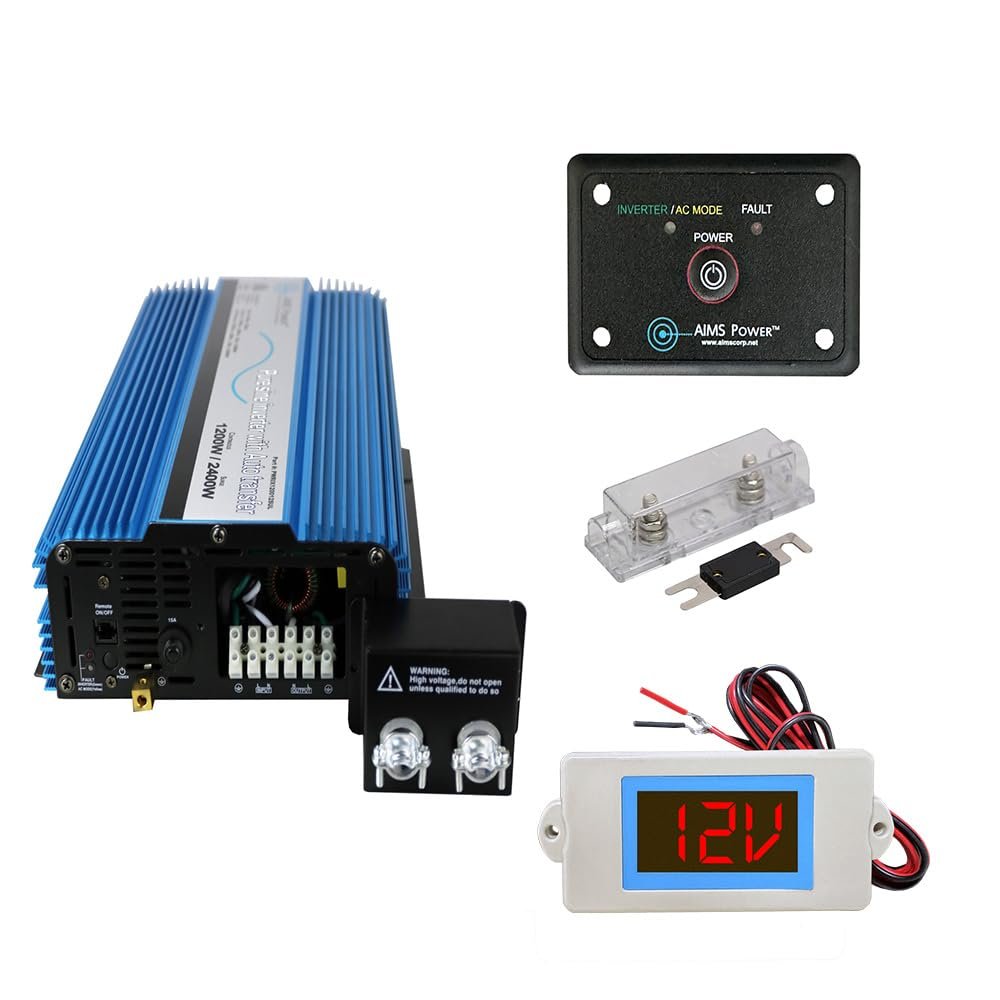 AIMS Power 1200 Watt Pure Sine Inverter with Automatic Transfer Switch 12 Volt DC to 120 Volt AC Includes Remote, Fuse Kit, and Volt Meter