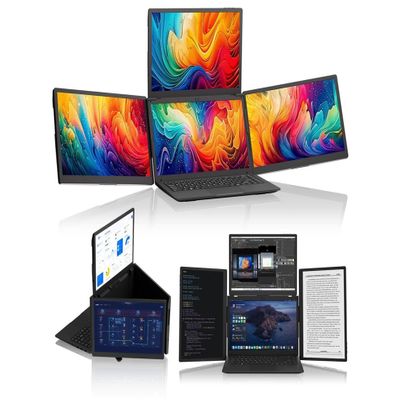 JIMTAB Portable Monitor 13.3 Triple Screen Extender with Build-in Stand, 1920 * 1200 IPS 16:10 Monitors, Built-in Monitor Holder RJ45/ USB 3.0/Type-C Plug and Play Display for Laptop 13-16 Inch