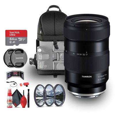Tamron 17-50mm f/4 Di III VXD Lens for Sony E (A068) Bundle Including 64 GB Memory Card, 3-Piece Filter Kit, Backpack, Card Reader, Card Wallet, Full Cleaning Kit, Lens Caps