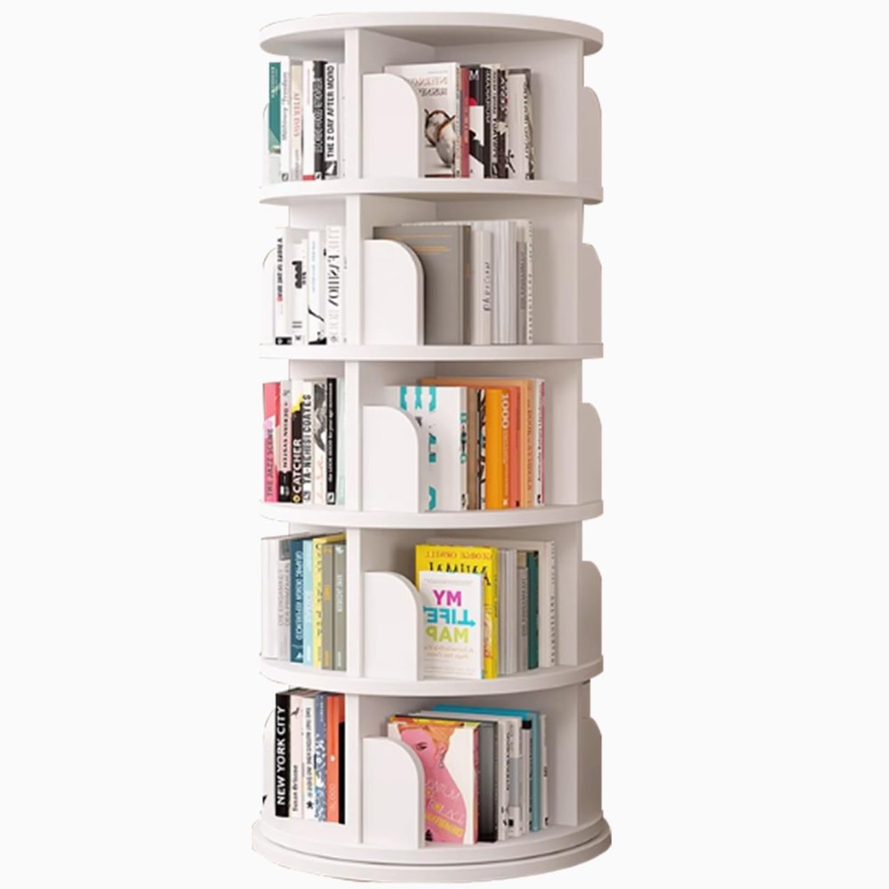 360 Rotating Bookshelf Wooden Floor Standing Multi-Tier Bookshelf Wide Base Strong Load-Bearing Capacity no wobbling in use Plenty of Storage Space(White)