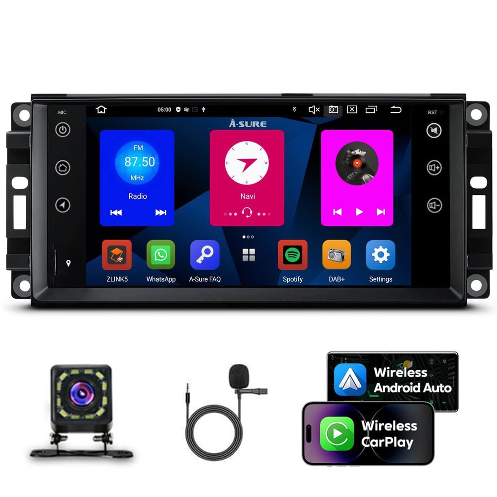 Alikali 7" Android 13 Car Stereo w/Wireless Carplay Android Auto for Dodge Challenger 2008 2009 2010 2011 2012 2013 2014 Double Din Car Audio Receiver w/WiFi GPS Bluetooth/FM/DSP/AHD Mic - 1+16G