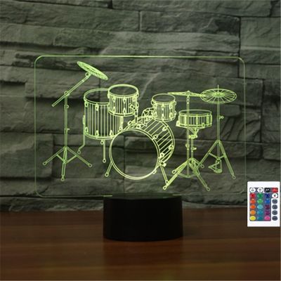 FLRXHK Drum Kit 3D Illusion Night Light Touch Table Desk Lamp with Remote Control 16 Colors Optical USB LED Night Light for Kids Gift Room Decoration
