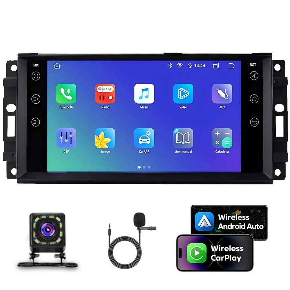 Alikali 7" Android 13 Car Stereo w/Wireless Carplay Android Auto fit for Jeep Grand Cherokee 2005 2006 2007 2008 2009 2010 Double Din Car Audio Receiver w/WiFi GPS Bluetooth/FM/DSP/AHD Mic - 1+16G
