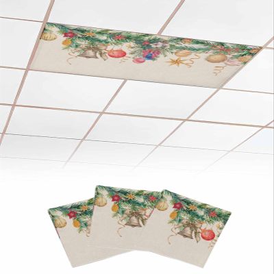 3 PCS Fluorescent Light Covers - Merry Christmas Bell Baubles Pine Needle Magnetic Light Filters for Ceiling Lights,Star Ribbon on Burlap Light Shade Panel for Office Classroom Home Decor,4 x 2 Feet