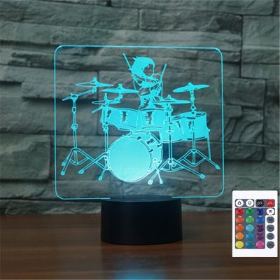 FLRXHK Drum Kit 3D Illusion Night Light Touch Table Desk Lamp with Remote Control 16 Colors Optical USB LED Night Light for Kids Gift Room Decoration