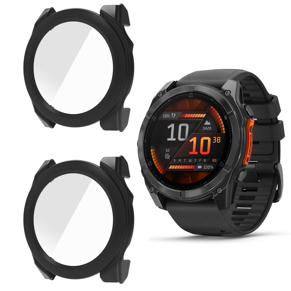 Compatible for Garmin Fenix 8 Case, Lamshaw Shock-Proof Cover Hard PC Case with Glass Screen Protector Compatible for Garmin Fenix 8 43mm, 47mm, 51mm, Fenix E 47mm (Black+Black, Fenix 8 51mm)
