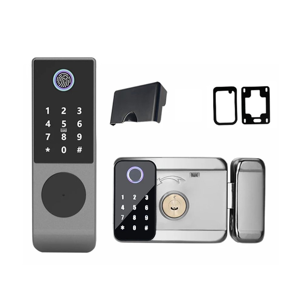 QDVOPHZA WiFi Waterproof Outdoor Smart Door Lock with Tuya Biometric Fingerprint Lock Digital Code Card Electronic Rim Lock(SET-25)