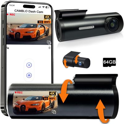 CAMBLO Car Dash Cam Front and Rear,4K Dual Dash Camera for Cars,Include 64GB Card 5G Wireless WIFI,1.5 IPS Screen Dashcam Front and Rear Camera,WDR Night Vision 4K Dash Cam,G-Sensor,Support 512GB Max