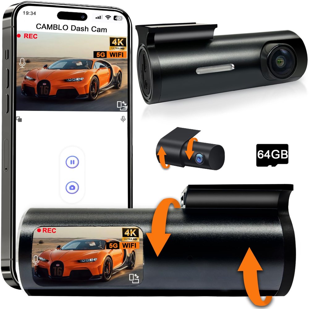 CAMBLO Car Dash Cam Front and Rear,4K Dual Dash Camera for Cars,Include 64GB Card 5G Wireless WIFI,1.5 IPS Screen Dashcam Front and Rear Camera,WDR Night Vision 4K Dash Cam,G-Sensor,Support 512GB Max