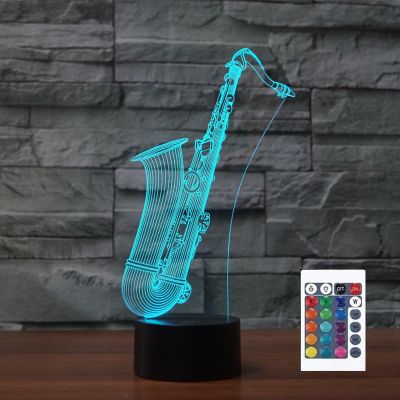 FLRXHK Saxophone 3D Illusion Night Light Touch Table Desk Lamp with Remote Control 16 Colors Optical USB LED Night Light for Kids Gift Room Decoration
