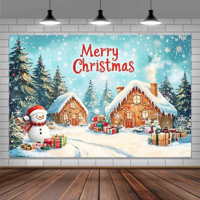 10X10ft Christmas Gingerbread House Photo Backdrop Photography Background, Blue Xmas Winter Pine Trees Snowman Backdrops Photo Booth Prop Decorations Wall Decor Banner Tablecloth