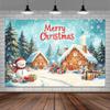 10X10ft Christmas Gingerbread House Photo Backdrop Photography Background, Blue Xmas Winter Pine Trees Snowman Backdrops Photo Booth Prop Decorations Wall Decor Banner Tablecloth view 1