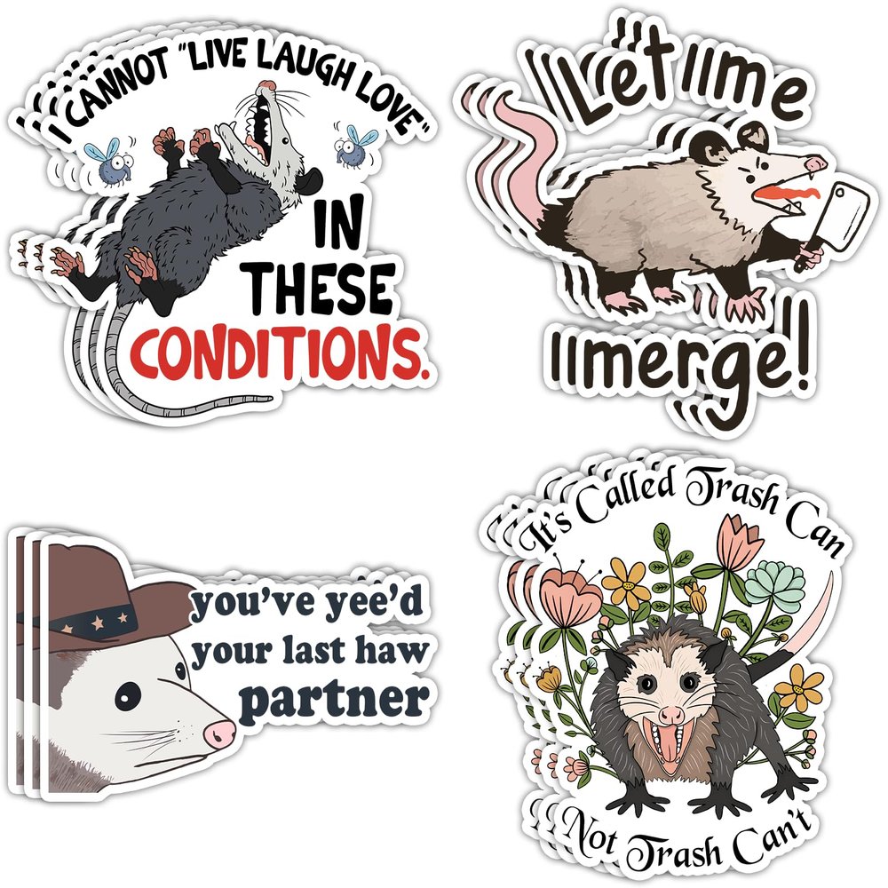 (12pcs) I Cannot Live Laugh Love in These Conditions Sticker Funny Possum Opossum Stickers Waterproof Vinyl Decal Sticker for Car Truck Laptop Water Bottle Hardhat Gifts for Street Cats Opossum Lover