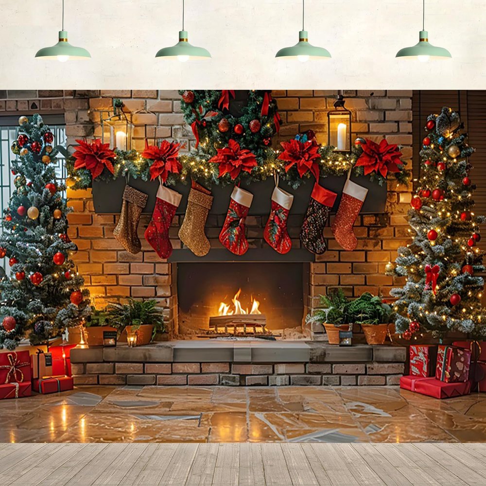 8x6ft Christmas Fireplace Backdrop Christmas Tree Xmas Stocks Brick Wall Background Eve New Year Warm Family Holiday Party Supplies Decor Kids Adult Photography Photo Studio Props
