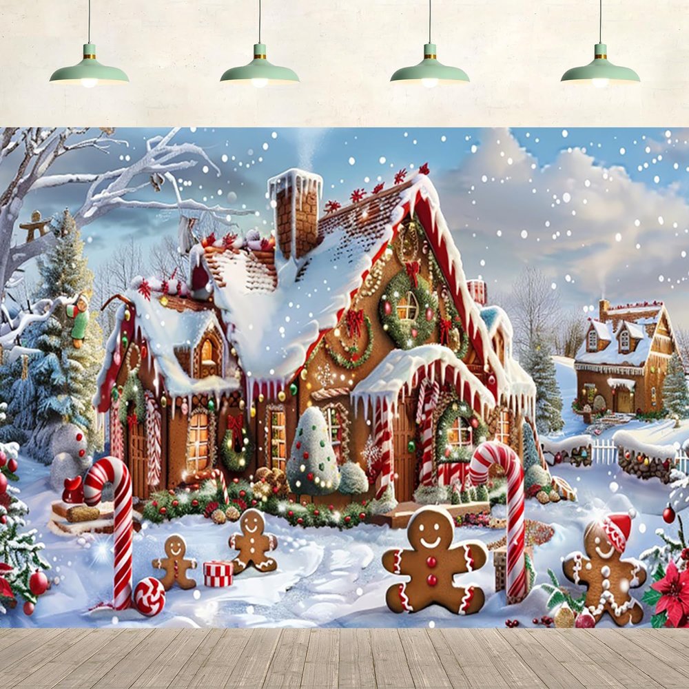 15x8ft Christmas Gingerbread House Backdrop Winter Snow Village Candy Canes Gingerbread Man Background Birthday Baby Shower Party Supplies Decor Kids Adult Photography Photo Studio Props