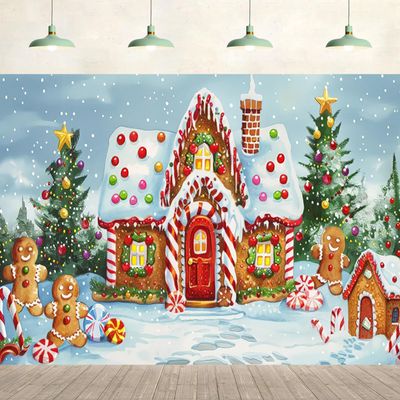 10x8ft Christmas Gingerbread House Backdrop Winter Snow Candy Canes Gingerbread Man Xmas Tree Background Birthday Baby Shower Party Supplies Decor Kids Adult Photography Photo Studio Props