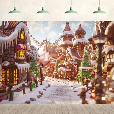 15x10ft Christmas Gingerbread House Backdrop Winter Snow Candy Home Xmas Tree Street Scene Background Birthday Baby Shower Party Supplies Decor Kids Adult Photography Photo Studio Props