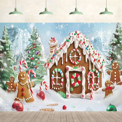 10x6.5ft Christmas Gingerbread House Backdrop Winter Snow Candy Canes Gingerbread Man Forest Background Birthday Baby Shower Party Supplies Decor Kids Adult Photography Photo Studio Props