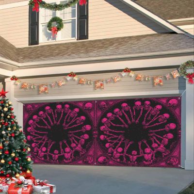 Halloween Garage Door Banner Cover Decorations, Vintage Skeleton Pink Fall Holiday Outdoor Hanging Garage Door Covers Christmas Thanksgiving Halloween Large Wall Backdrop for Holiday Party, 6x13ft