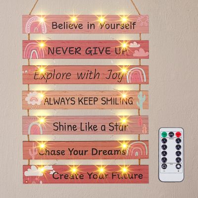 FIOBEE Girls Room Dcor for Teen Girls Boys with LED Light Wall Decor for Bedroom Motivational Inspirational Wall Art Room Decoration for Kids Studyroom, 8 Kinds of Lights, Light Pink Boho