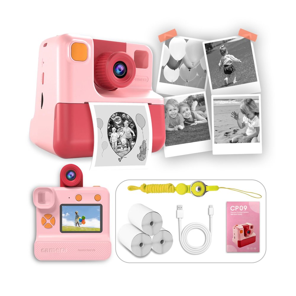 Reekei Kids Instant Print Camera  1080P HD Selfie & Video Camera with 2.0 Screen, 180 Rotating Lens, 3 Rolls Thermal Print Paper (270 Prints), Lanyard  Ideal Gift for Ages 312, Pink