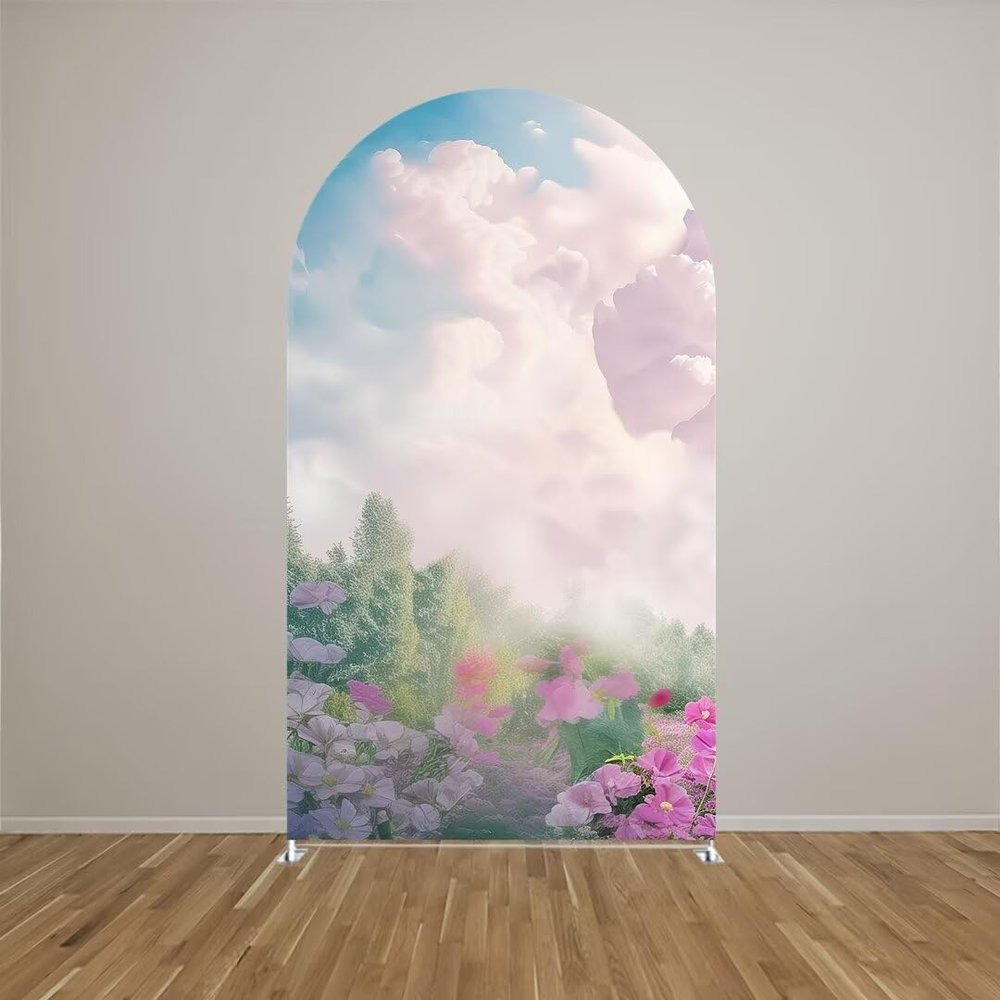 Aerdce Castle Theme Arch Backdrop Cover Chiara Backdrops Stretchy Arched Stands Covers for Princess Birthday Party Fairy Tale and Fantasy Events Decoration(Only Cover)