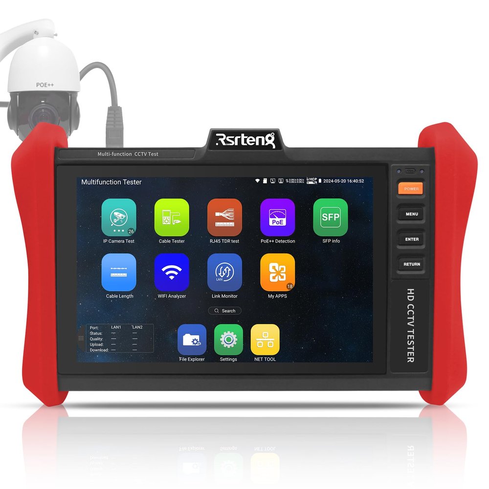 Rsrteng CCTV Tester 4K 12MP IP Camera Tester POE++ Max 90W POE Camera Test 8" 1920x1200 IPS Touch Screen 1CH SFP Module WiFi Network Tools Cable Test POE Detection Power Management APP Update