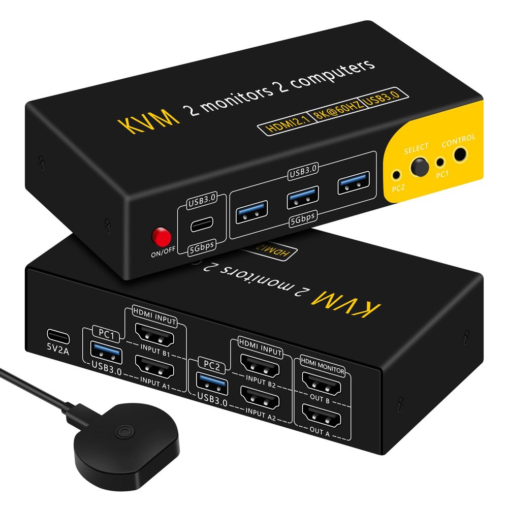 HDMI kvm Switch 2 Monitors 2 Computers Dual Monitor kvm Switch,8K@60HZ, 3*USB3.0&1*USB C, KVM switches 2 Computers 2 Monitors 1 Monitors(USB3.0+8KHDMI)